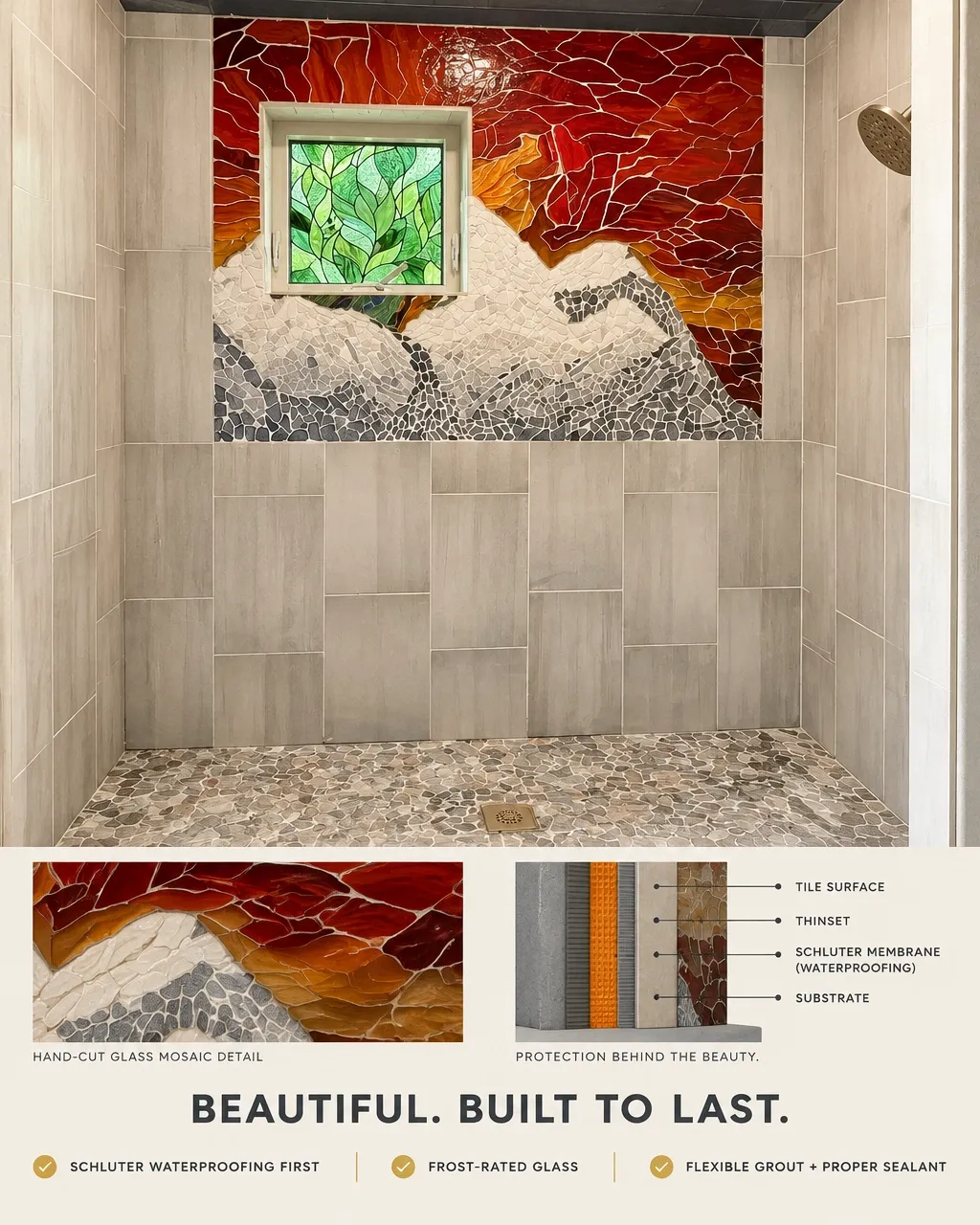 Pikes Peak sunset hand-cut mosaic shower with pebble floor