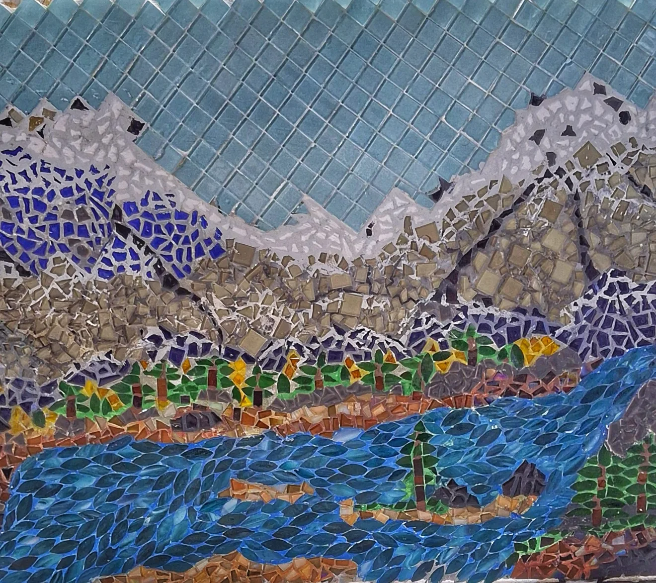 Full mountain river hand-cut glass mosaic panel