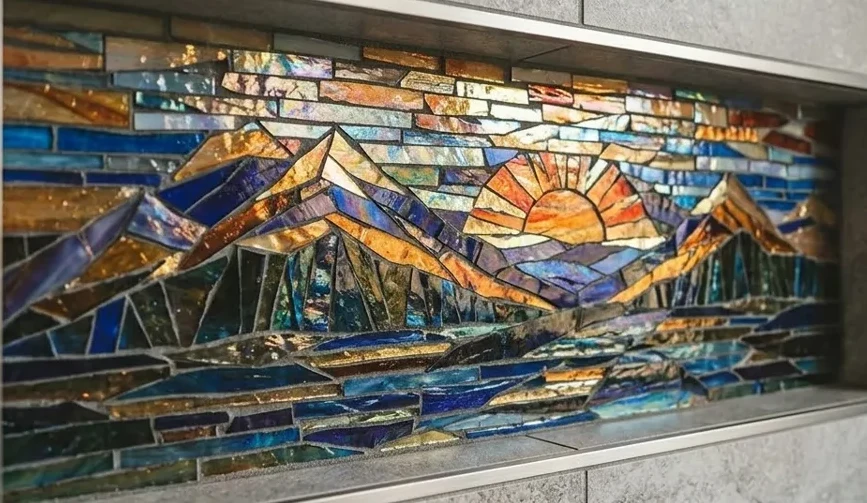 Sunrise mountain mosaic in a niche, cropped to the artwork